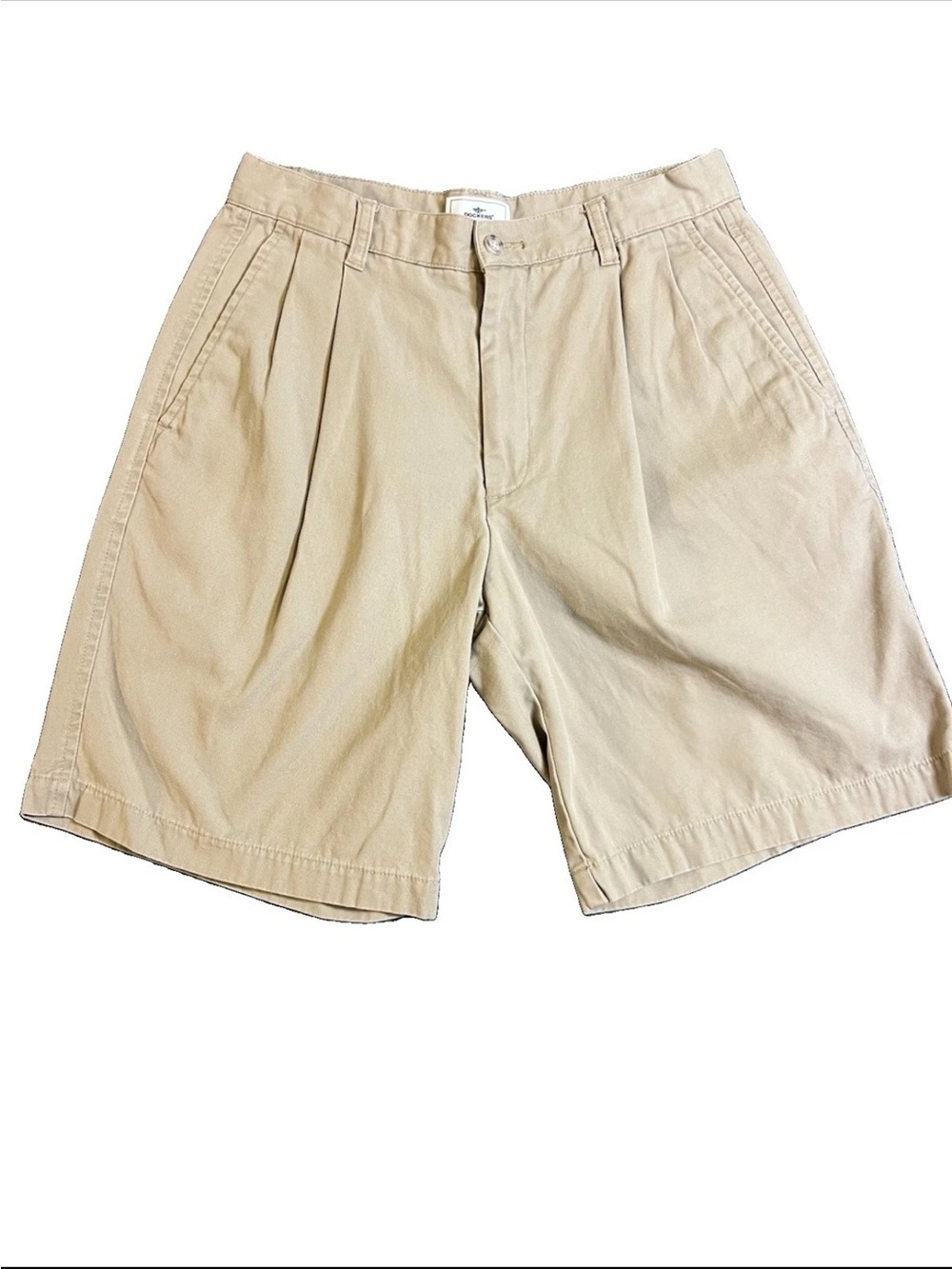Dockers Men's Beige Cotton Chino Shorts Sz 30 Pleated Front Button Logo Pockets